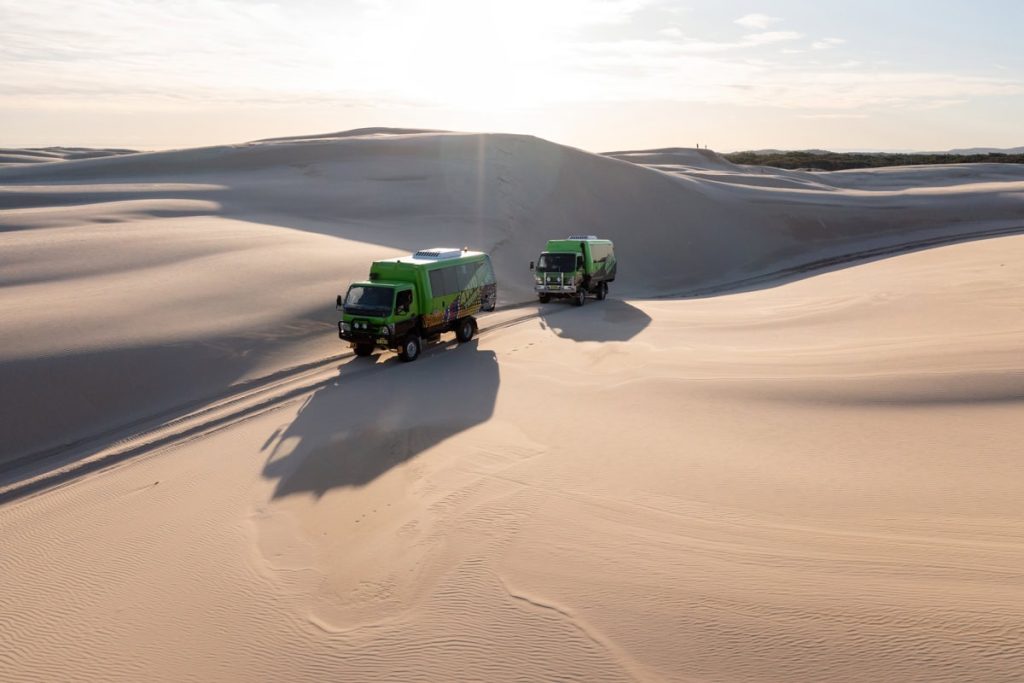 Aerial shot of 4WD R US experience on Stockton Beach Port Stephens Destination NSW
